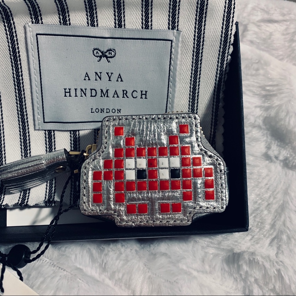 Anya Hindmarch Silver Pixel Space Invader Key/ Card Holder with Red Accents